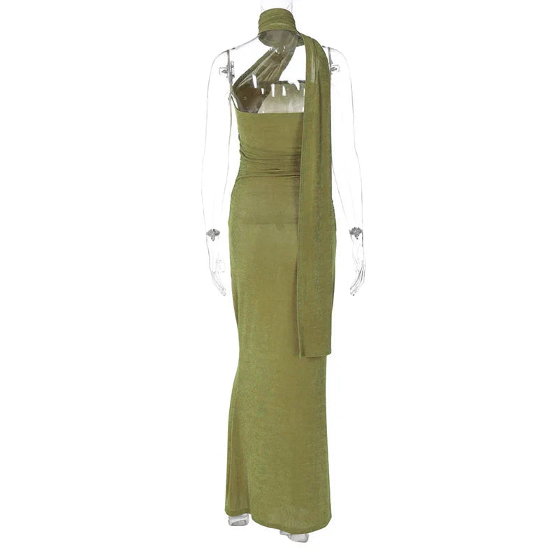 Halter Green Off-shoulder Backless Long Dress Mssaz Desses