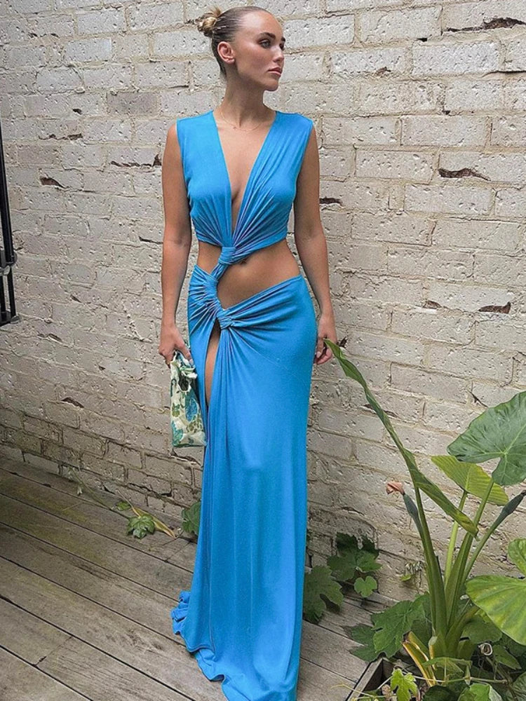 Deep V Cut Out Slit Asymmetrical Long Dress Mssaz Desses