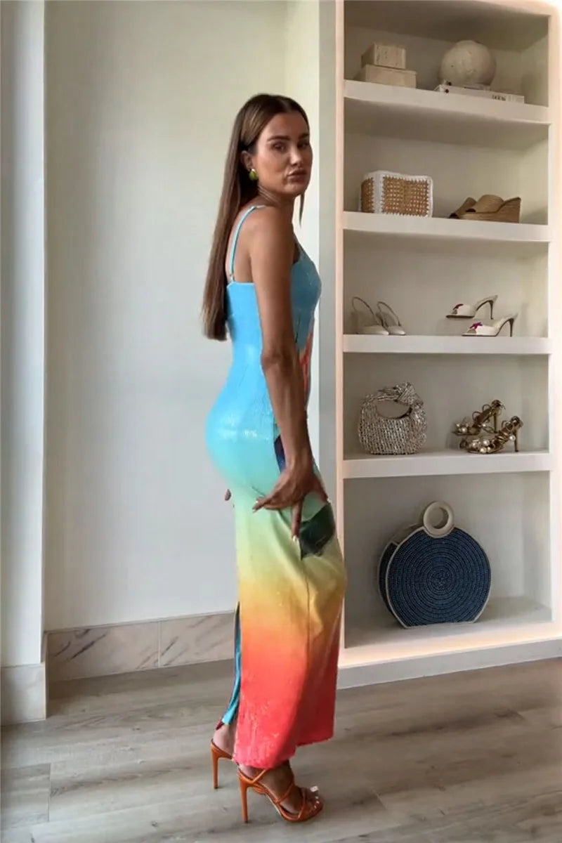 Floral Sequin Maxi Dress with Spaghetti Straps Mssaz Desses