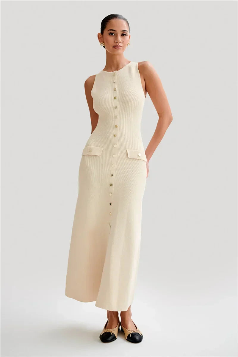 Knit Maxi Dress with Pockets Button-Front Mssaz Desses