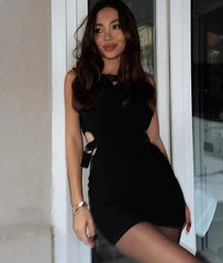 Crop Hollow Waist Black Mini Dress Mssaz Desses