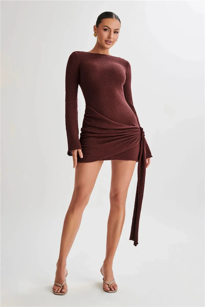 Floral Draped Open Back Knit Long Sleeve Mini Dress Mssaz Desses