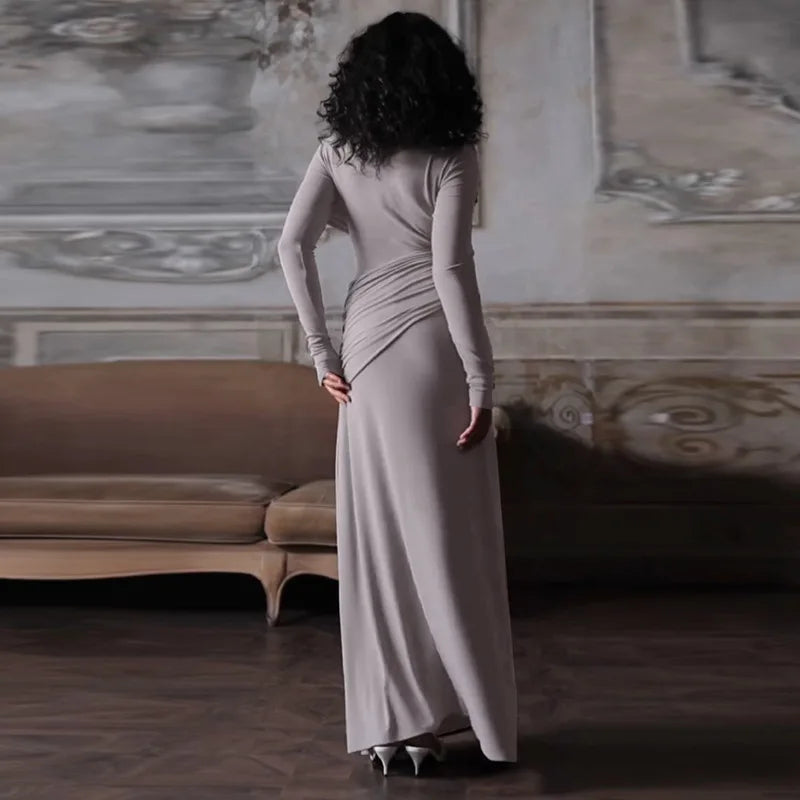 Solid Long Sleeve Irregular Splice Long Dress Mssaz Desses