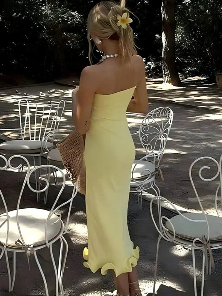 Frill Trim Tube Midi Dress Mssaz Desses