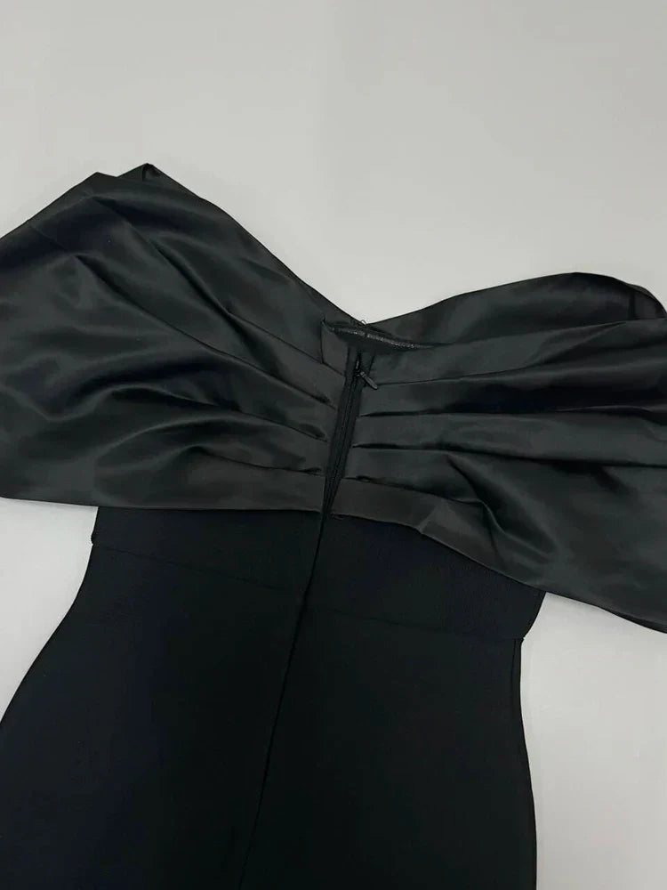 Off Shoulder Black Pleated Sleeves Crystal Dress Mssaz Desses