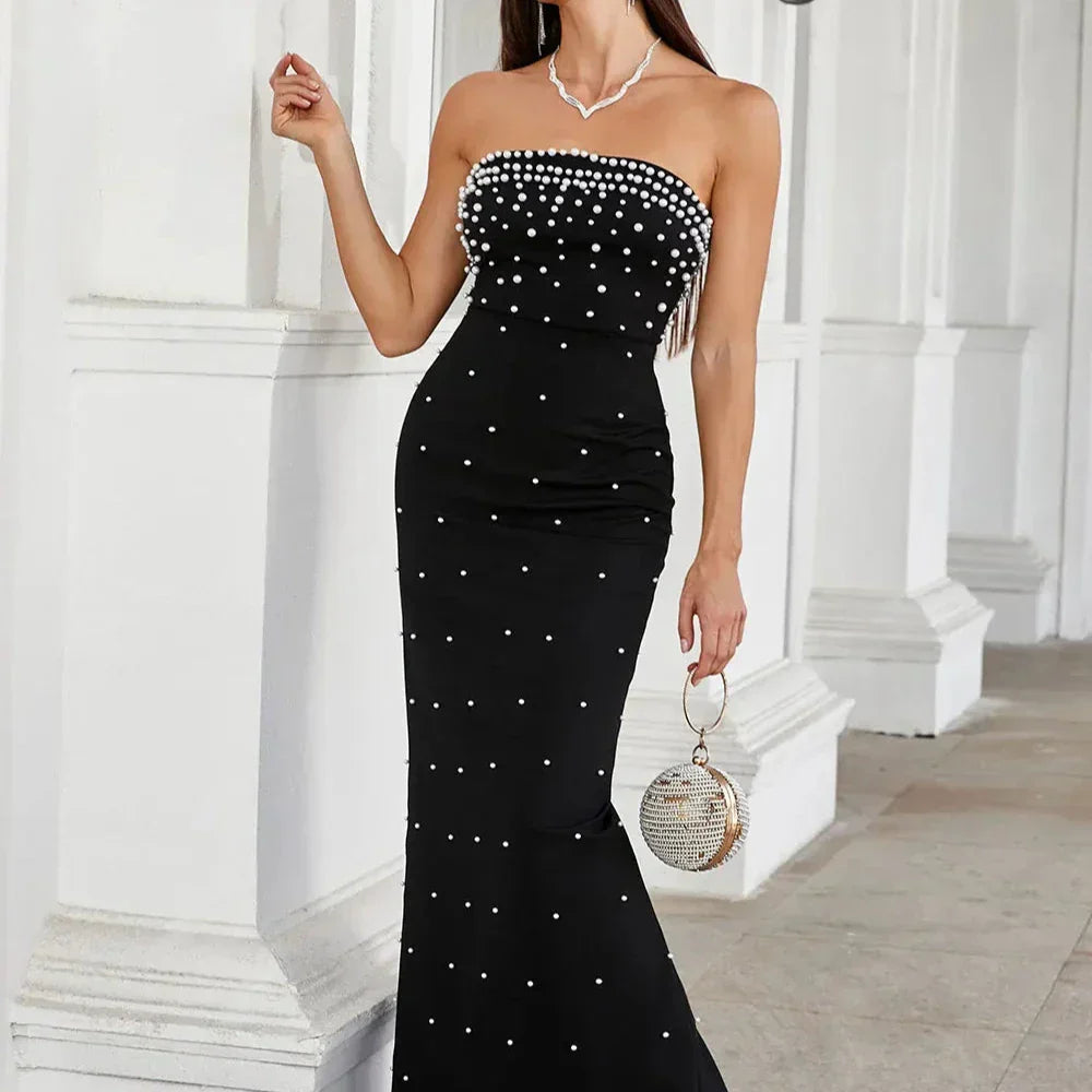 Pearl Design Bandage Strapless Long Dress Mssaz Desses