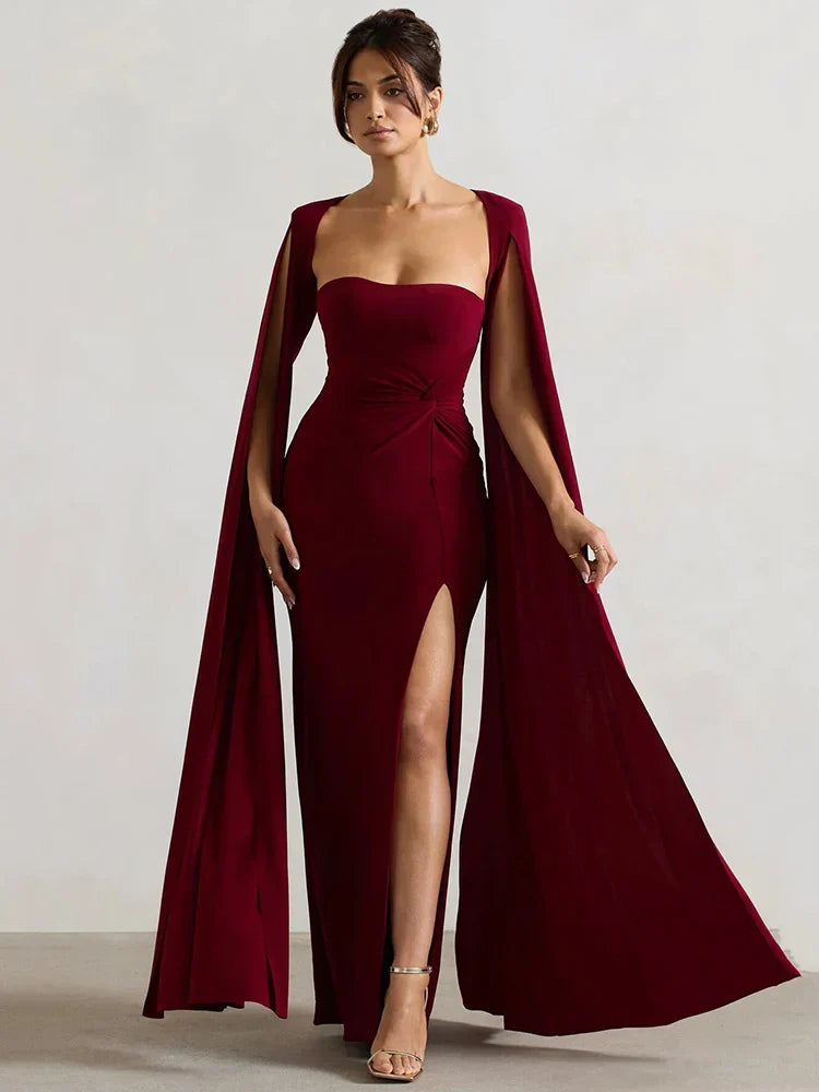 Elegant Cape Sleeve Maxi Dress with High Split Mssaz Desses