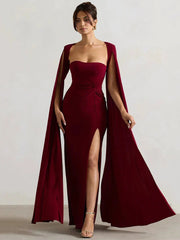 Elegant Cape Sleeve Maxi Dress with High Split Mssaz Desses