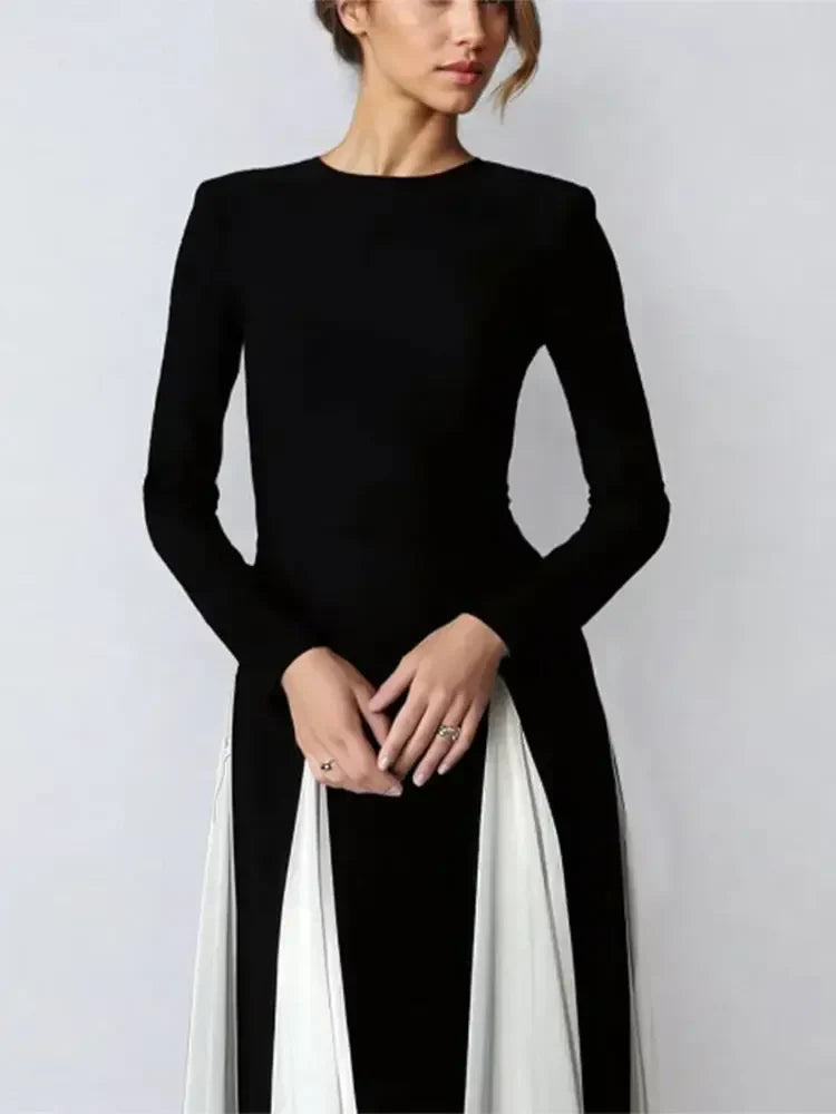 Pleated Patchwork Long Sleeve Maxi Dress Mssaz Desses
