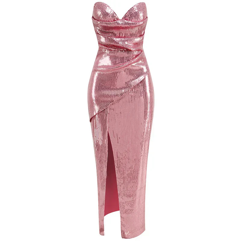 Sequined Strapless Slit Lace Up Ankle Length Dress Mssaz Desses