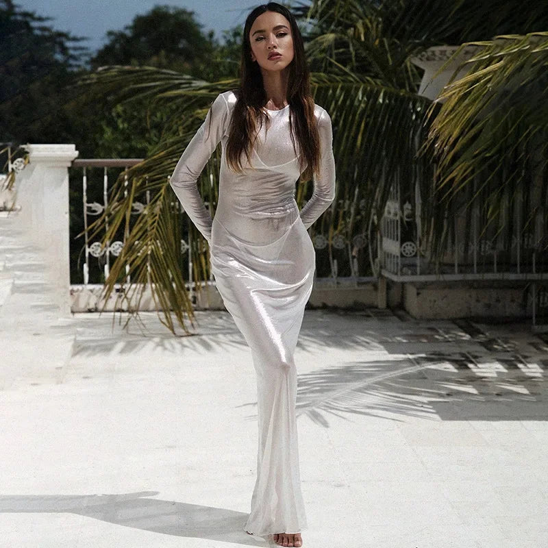 O-neck Full Sleeve Solid Color Mesh Dress Mssaz Desses