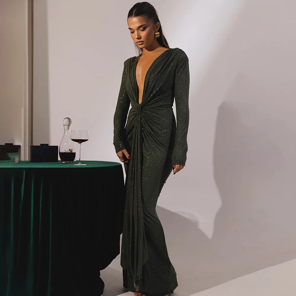 Elastic Deep V-Fold Lace Maxi Dress Mssaz Desses