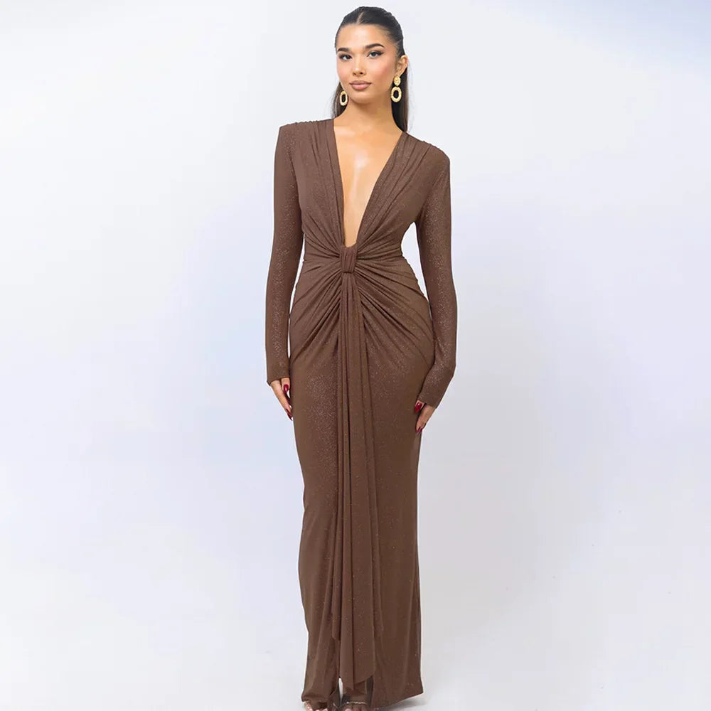 Elastic Deep V-Fold Lace Maxi Dress Mssaz Desses