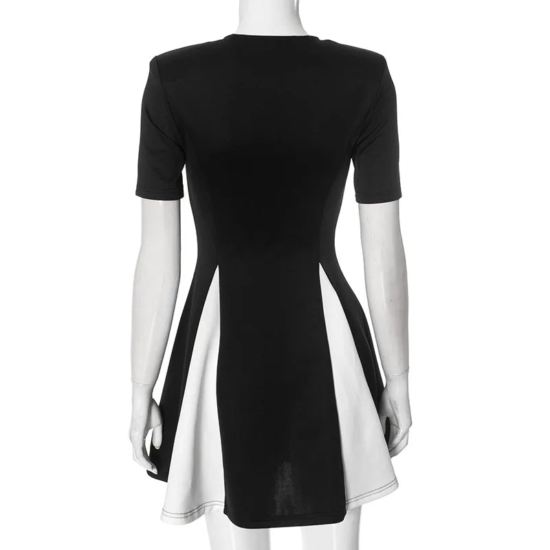Contrast Patchwork Short Sleeve Mini Dress Mssaz Desses