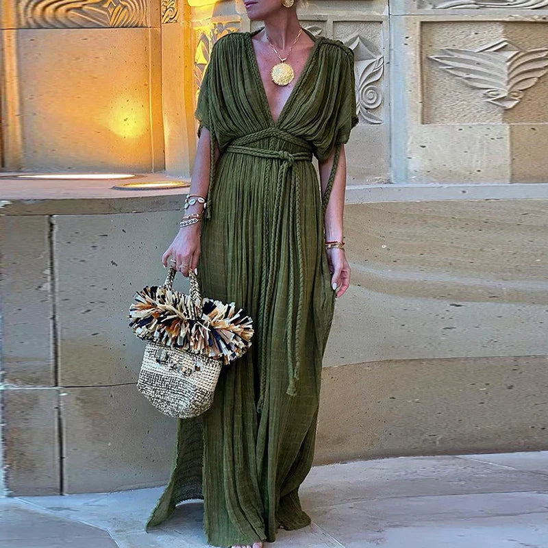 Solid Split Pleated Bandage Long Dress Mssaz Desses