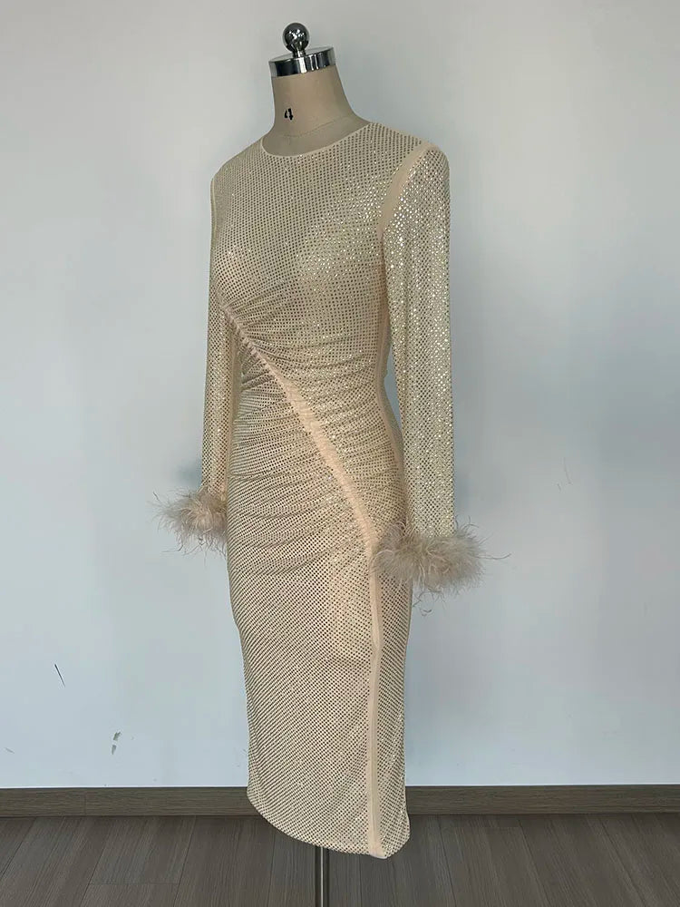 Feathers Rhinestone Folds Midi Dress Mssaz Desses