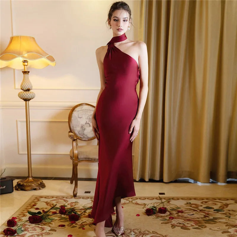 Scarf Collar Backless Solid Long Dress Mssaz Desses