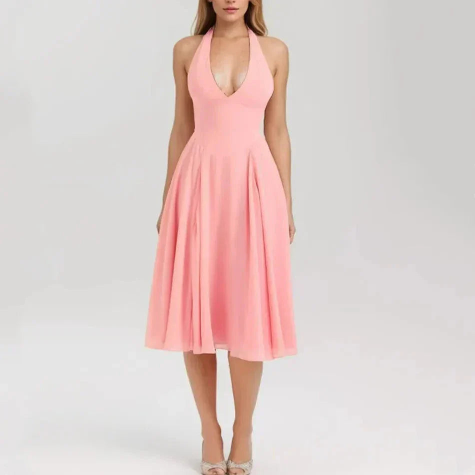 Pink Deep V Collar Halter Sling Midi Dress Mssaz Desses