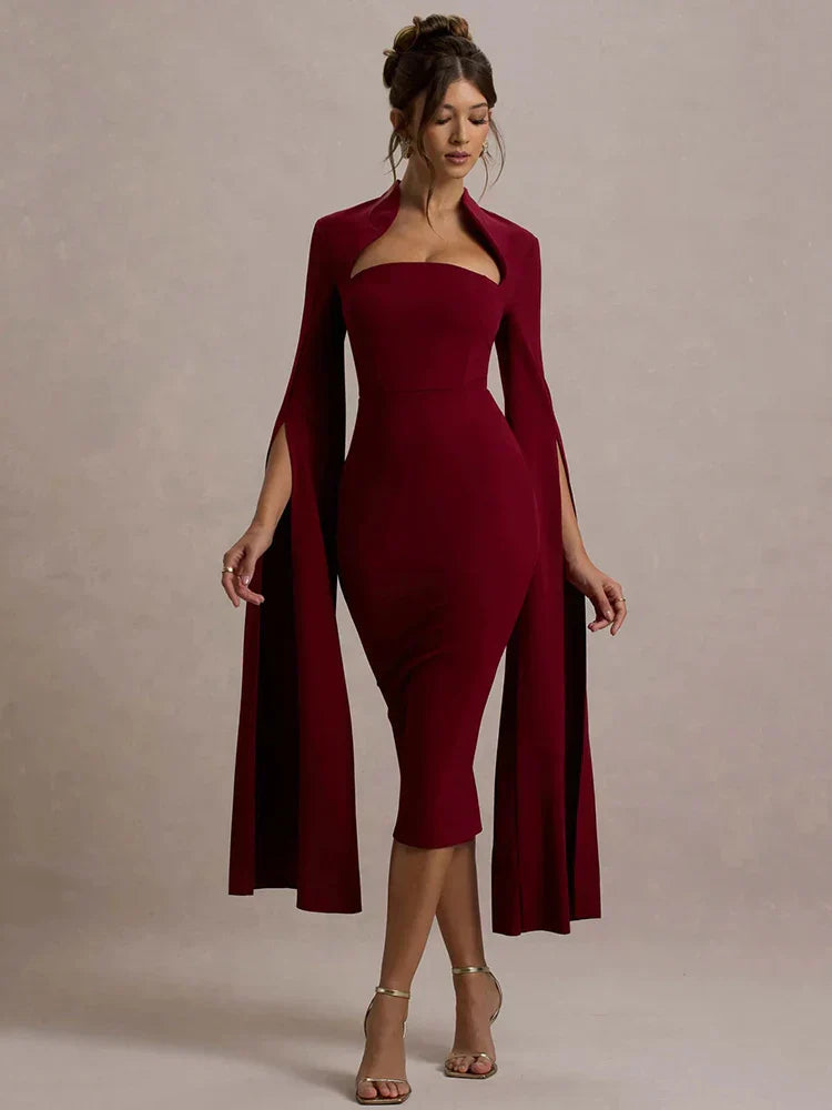 Cape Long Sleeve Square Collar Midi Dress Mssaz Desses
