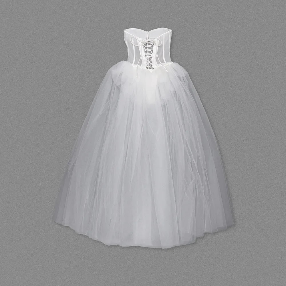 Strapless Mesh White A Line Maxi Long Dress Mssaz Desses