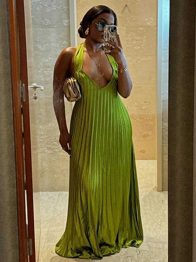 Pleated Hollow Out Halter Neck Long Dress Mssaz Desses