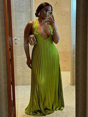 Pleated Hollow Out Halter Neck Long Dress Mssaz Desses