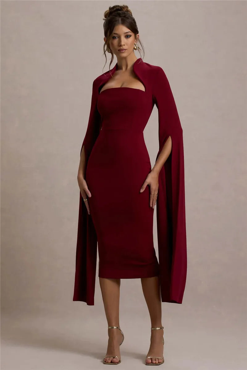 Cape Long Sleeve Square Collar Midi Dress Mssaz Desses