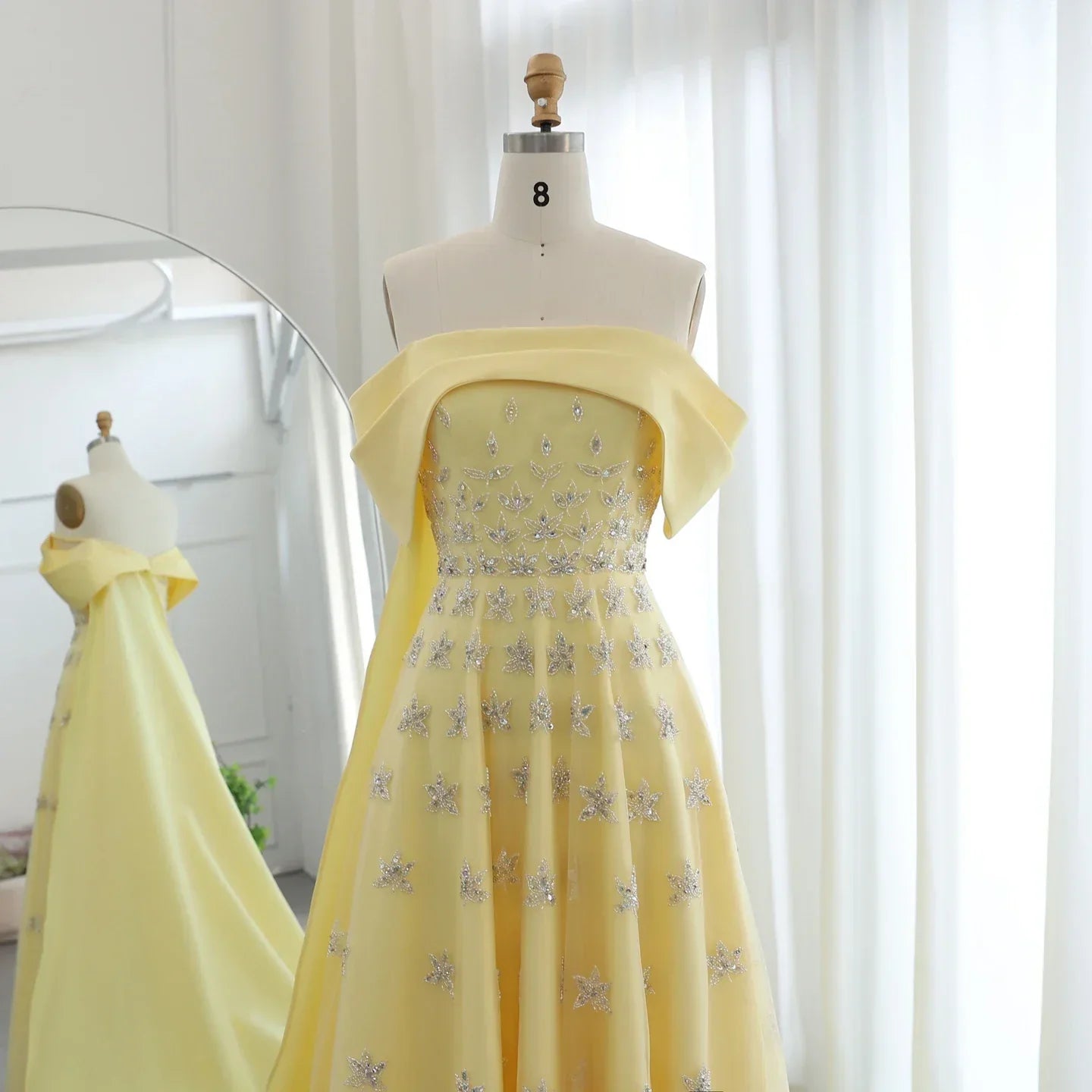 Yellow Satin Evening Gown with Cape Mssaz Desses