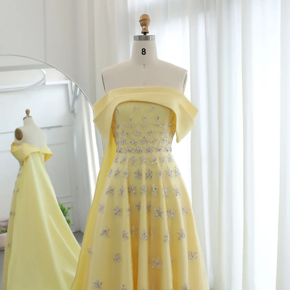Yellow Satin Evening Gown with Cape Mssaz Desses