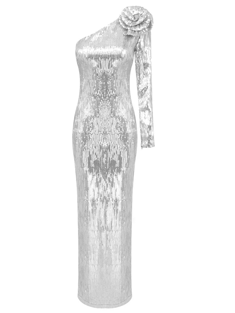 One Shoulder 3D Flower Sequin Dress Mssaz Desses