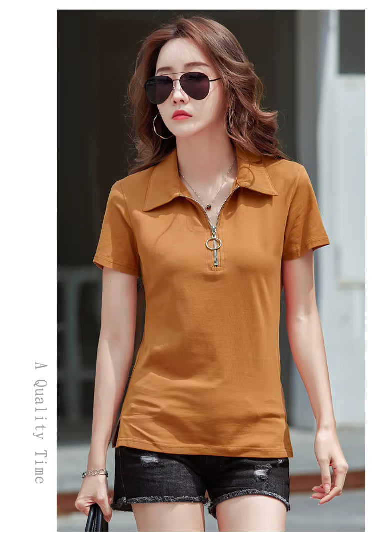 Elegant Style Zipper Neck Short Sleeve Polo Cotton  T Shirt Mssza