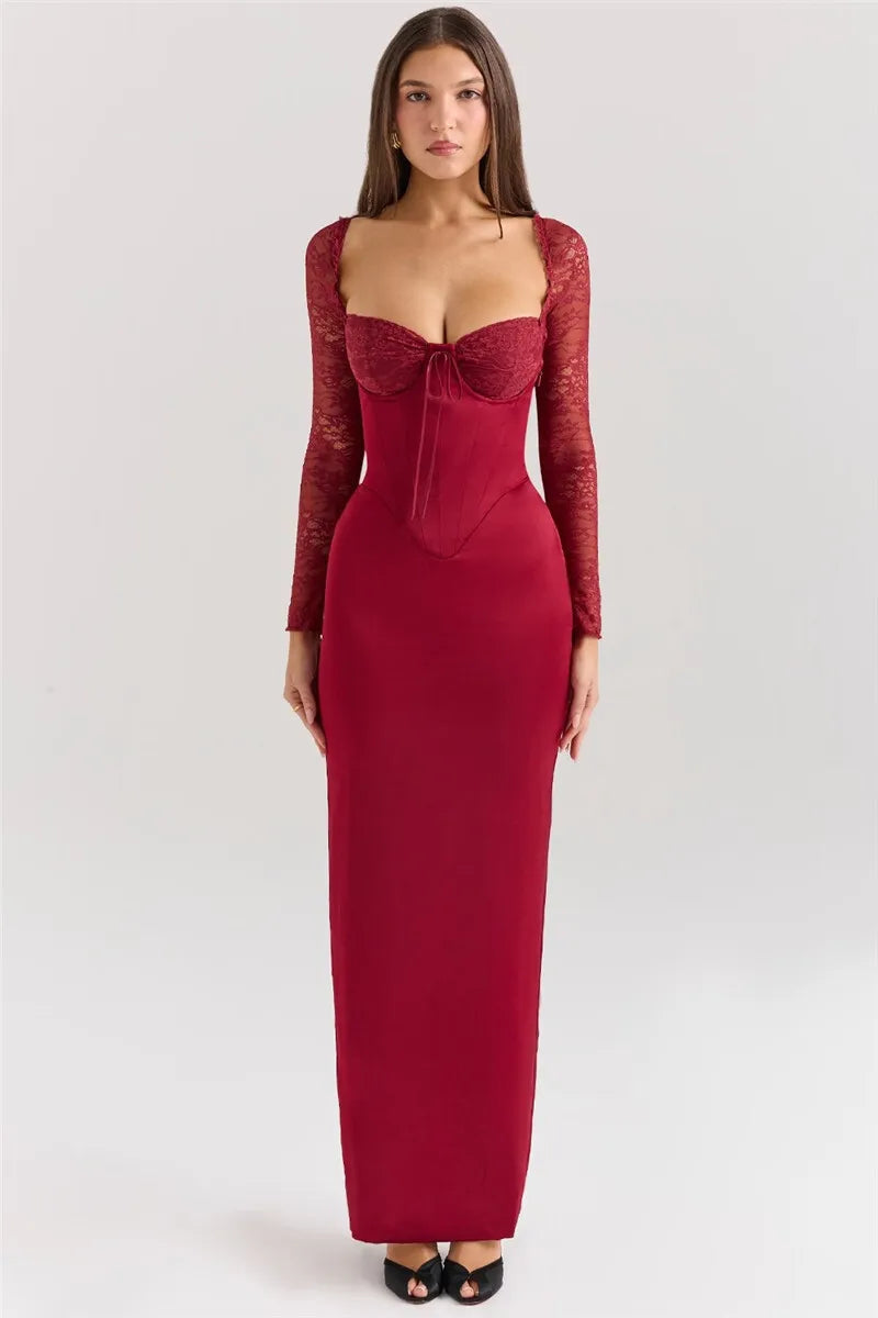 Square Collar Lace-Up Backless Long Sleeve Maxi Dress Mssaz Desses