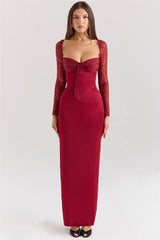 Square Collar Lace-Up Backless Long Sleeve Maxi Dress Mssaz Desses