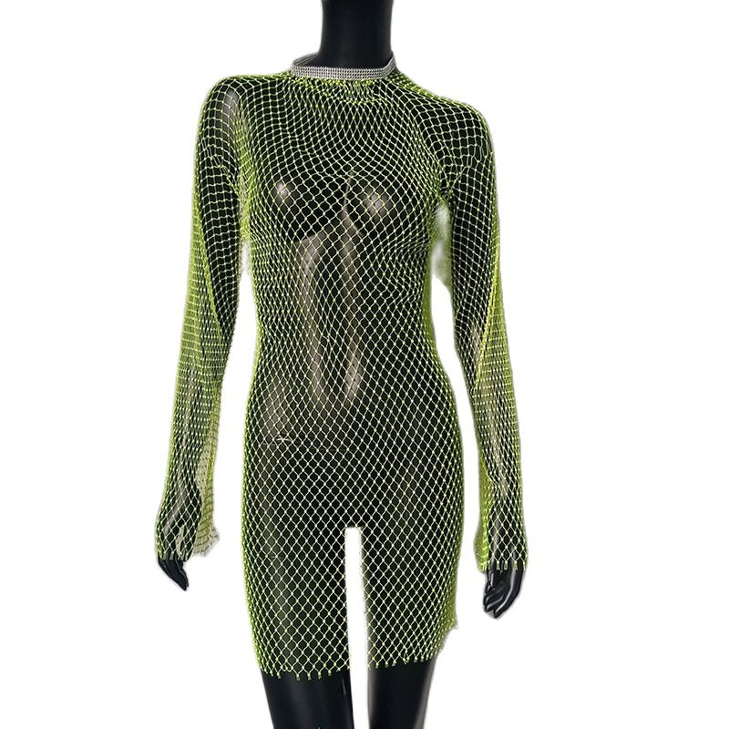 Bling Rhinestones Fishnet Mini Dress  Long Sleeve Crystal Dress Mssaz Desses