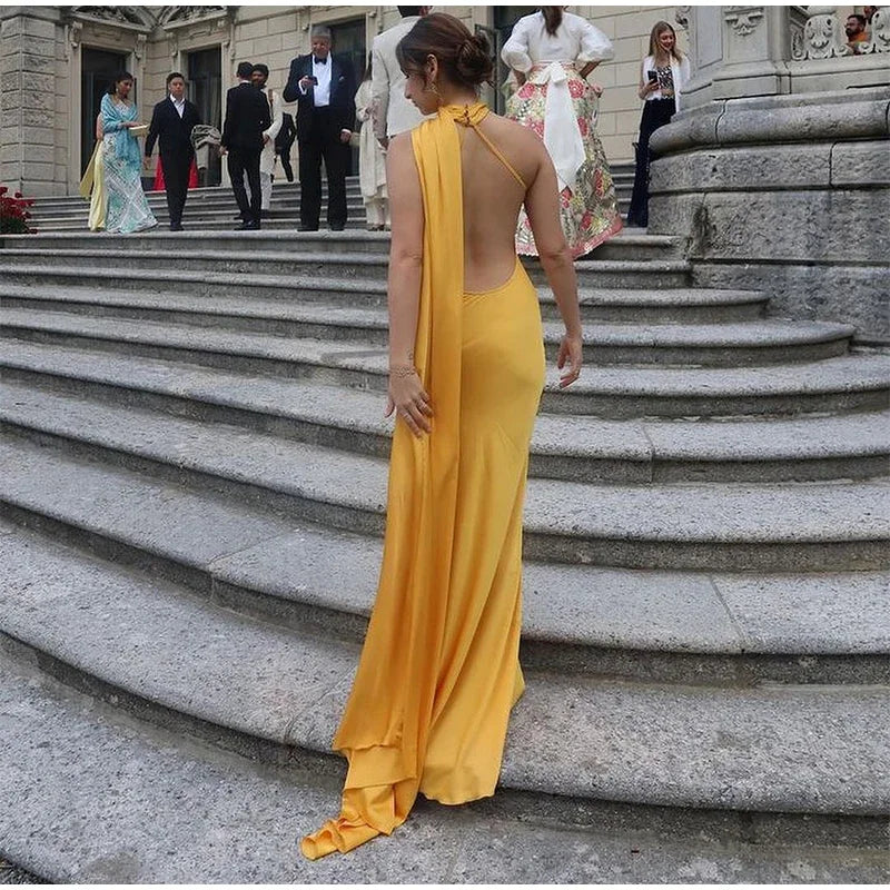 Yellow Satin Backless Lace-Up Off-Shoulder Maxi Dress Mssaz Desses
