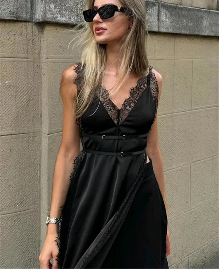 Lace Satin Patchwork High Split Maxi Dress Mssaz Desses