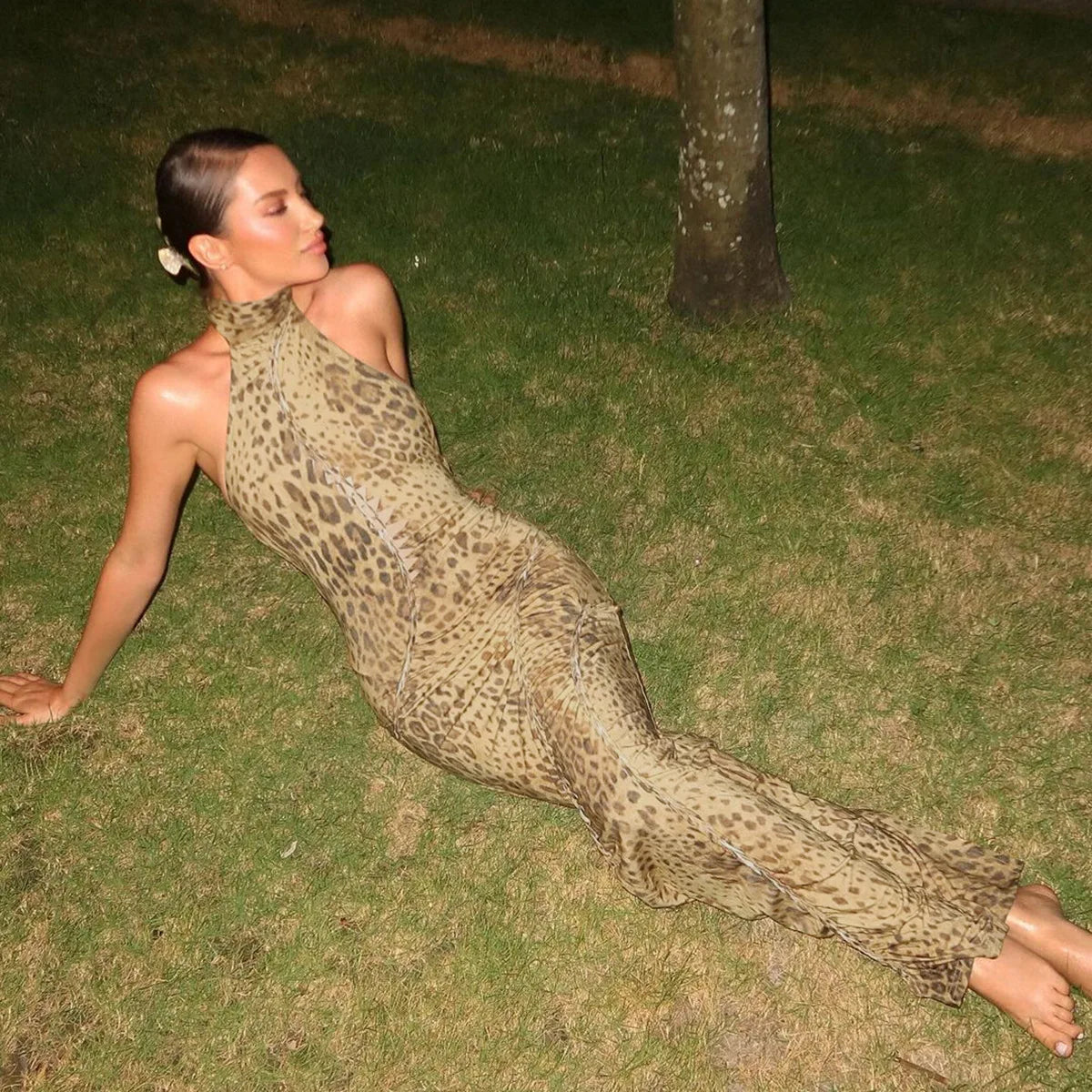 Halter Leopard Embellished Long Dress Mssaz Desses