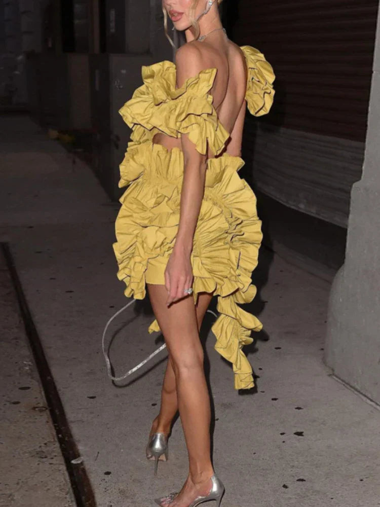 Short Party Dress Backless and Ruffled Mssaz Desses