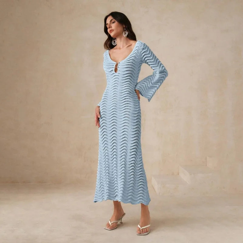 Knit Hollow-Out Loose Patchwork Lace-Up  Dress Mssaz Desses