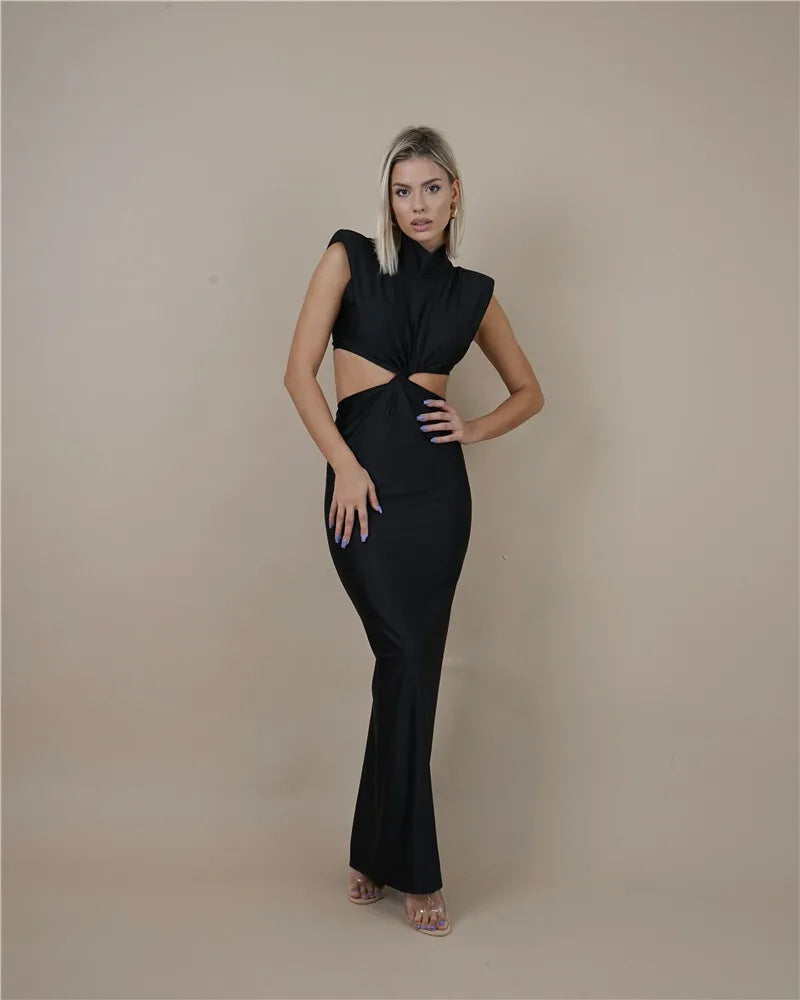 Hollow Out Turtleneck Solid Maxi Dress Mssaz Desses