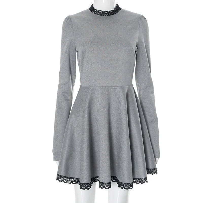 Patchwork Gray Long Sleeve A-line Mini Dress Mssaz Desses