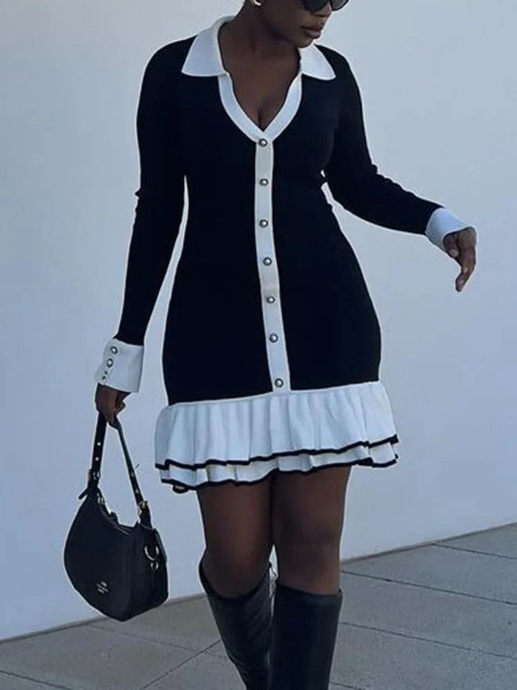 Ruffled Contrast Bow Open Back Lace-Up Knit Mini Dress Mssaz Desses