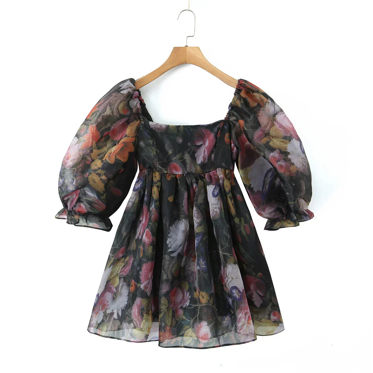 Black Floral Print Square Collar Puff Sleeve Mini Dress Mssaz Desses