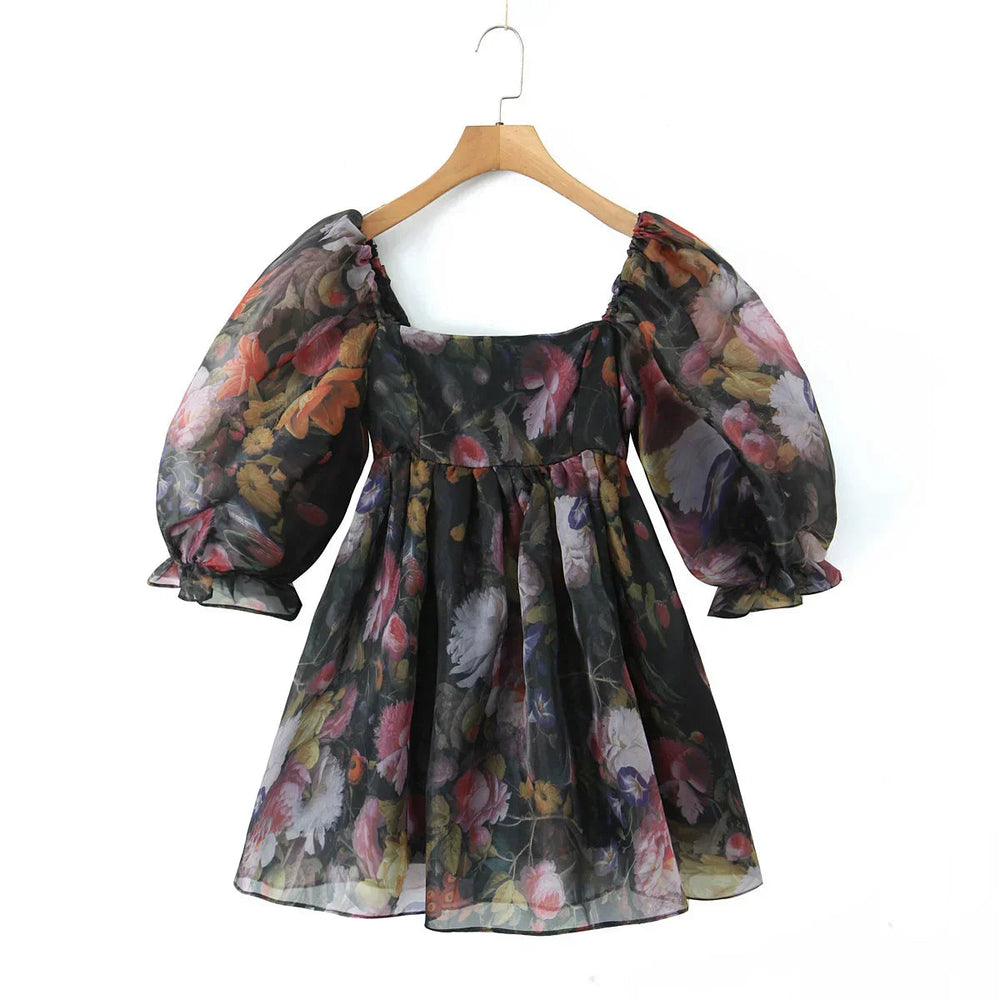 Black Floral Print Square Collar Puff Sleeve Mini Dress Mssaz Desses
