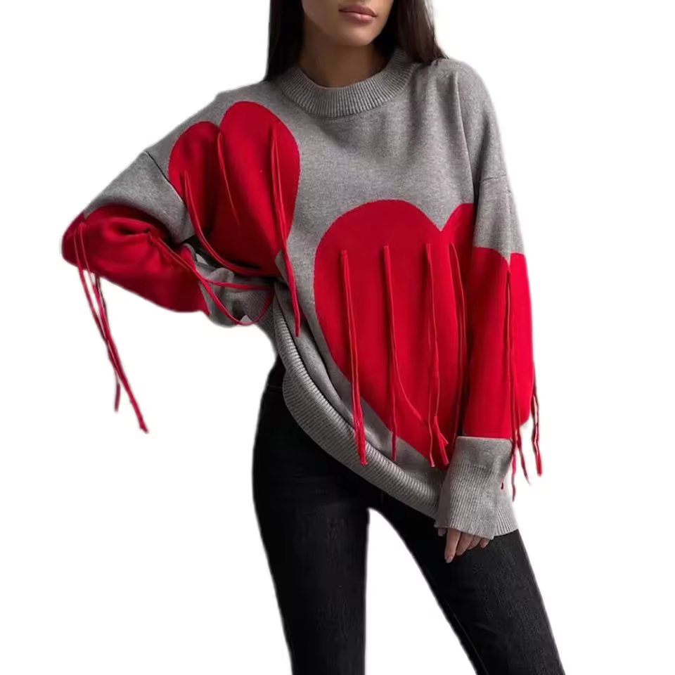 Round Neck Knitwear Tassel Contrast Color Long Sleeve Ribber Loose Fit  Sweater Tops Mssza
