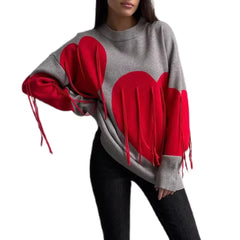Round Neck Knitwear Tassel Contrast Color Long Sleeve Ribber Loose Fit  Sweater Tops Mssza