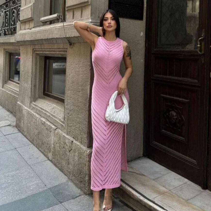 Sleeveless Patchwork Knit Maxi Dresses Mssaz Desses