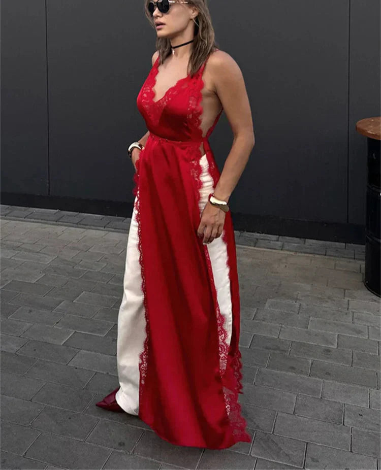 Lace Satin Patchwork High Split Maxi Dress Mssaz Desses
