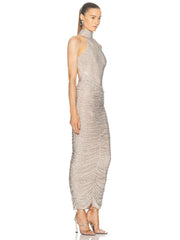 Halter Neck Backless Crystal Folds Long Dress Mssaz Desses