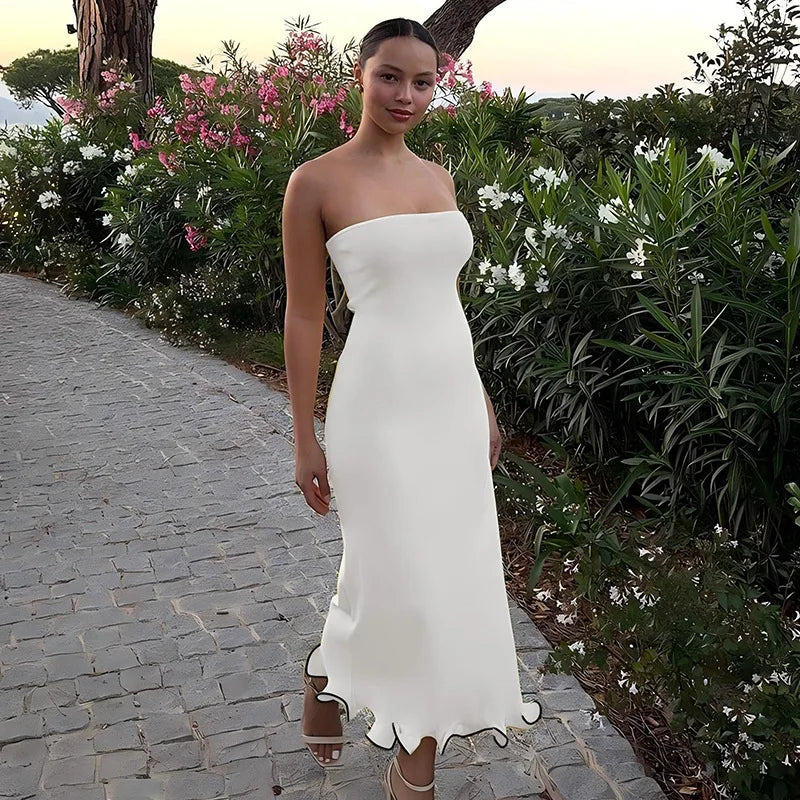 Frill Trim Tube Midi Dress Mssaz Desses